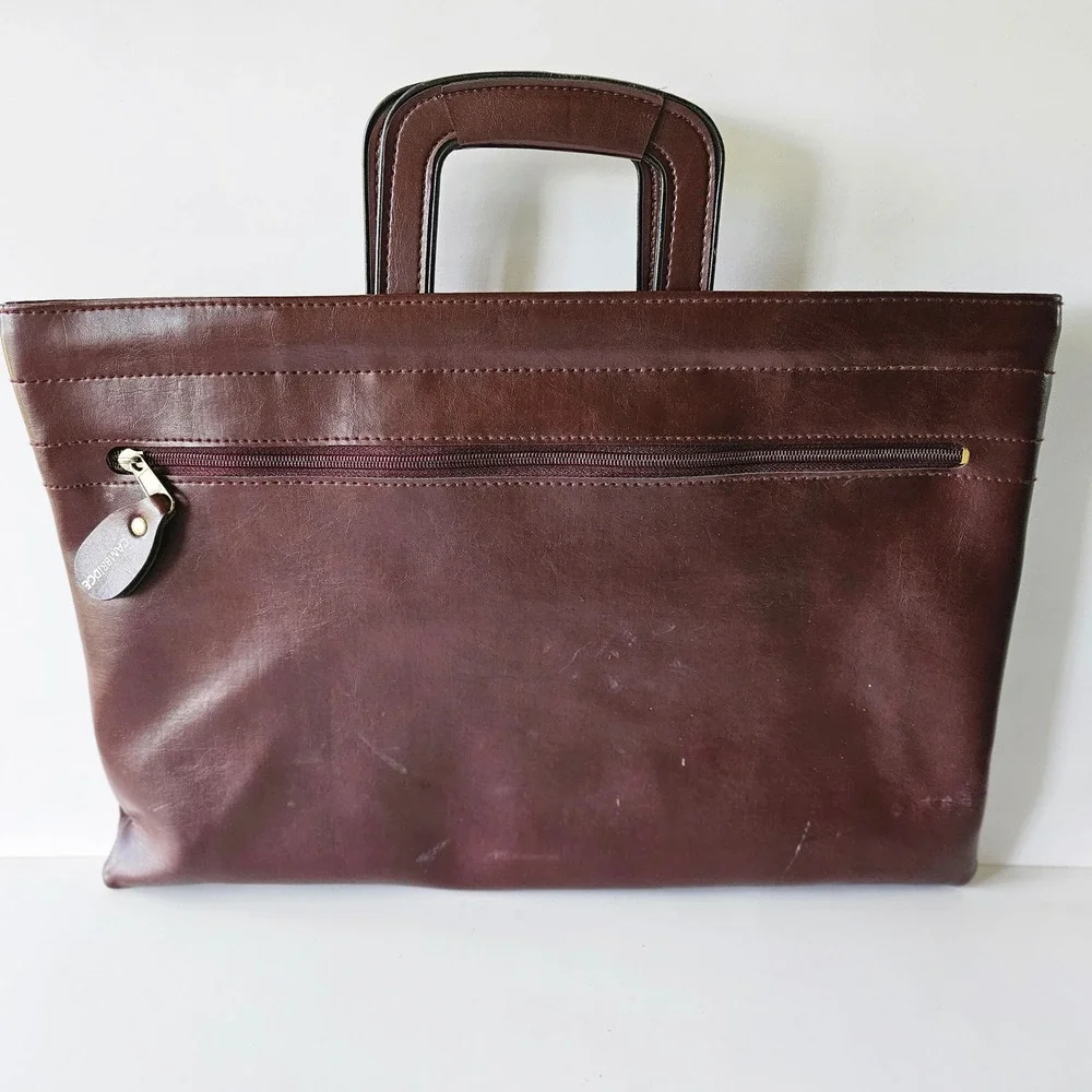 Vtg Cambridge Briefcase Laptop Bag 16in Faux Leather Drop Handles Spring Closure